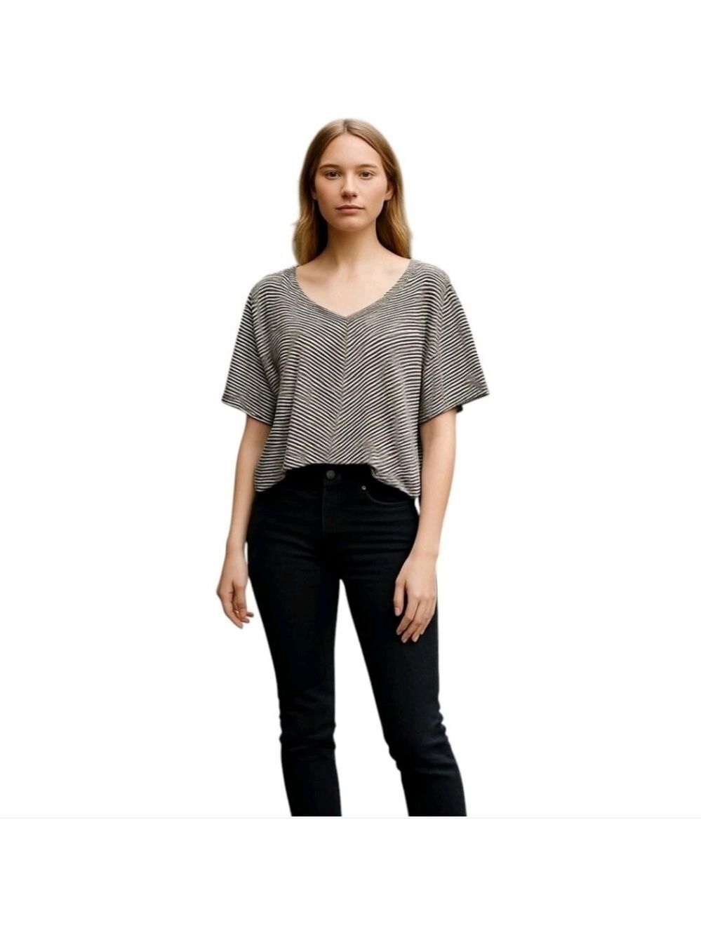Caution to the Wind Striped Pullover V-Neck Short Sleeve Crop Top Size Medium